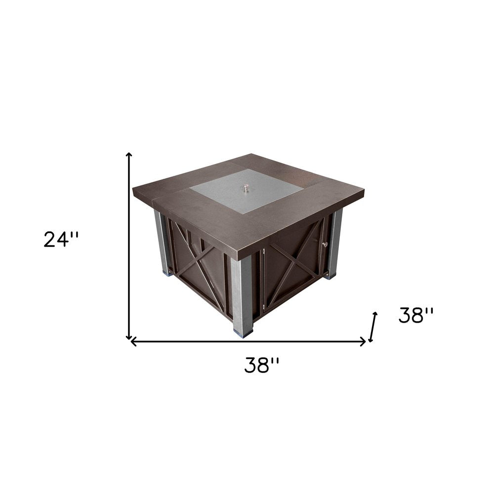 40000 BTU 38" Antiqued Bronze And Silver Steel Propane Square Fire Pit Table With Cover