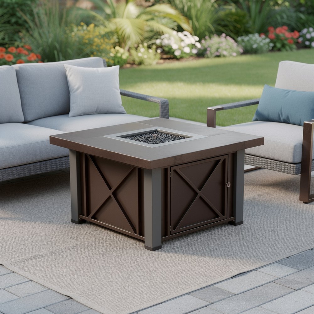 40000 BTU 38" Antiqued Bronze And Silver Steel Propane Square Fire Pit Table With Cover