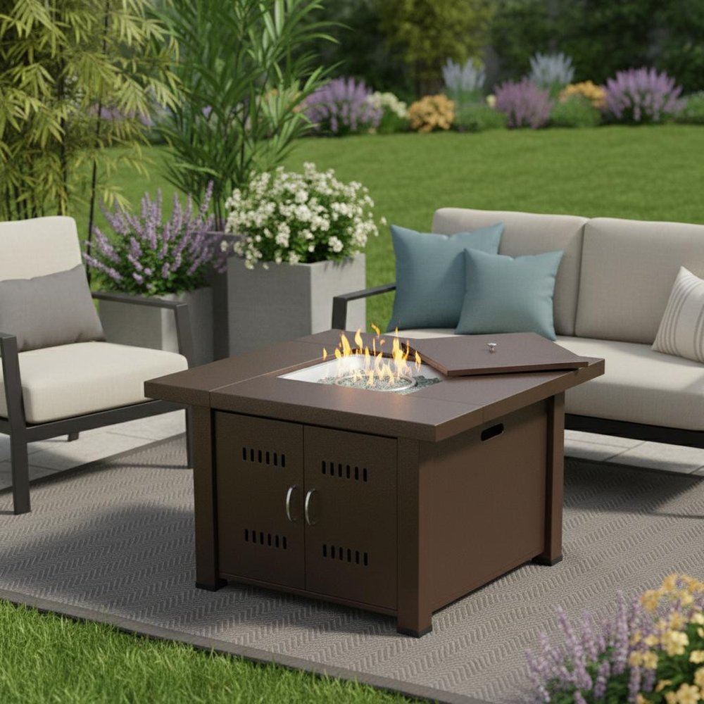 40000 BTU 38" Antiqued Bronze Steel Propane Square Fire pit table With Cover