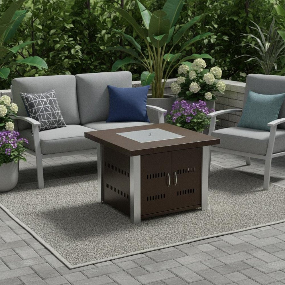 40000 BTU 38" Antiqued Bronze And Silver Steel Propane Square Fire pit table With Cover