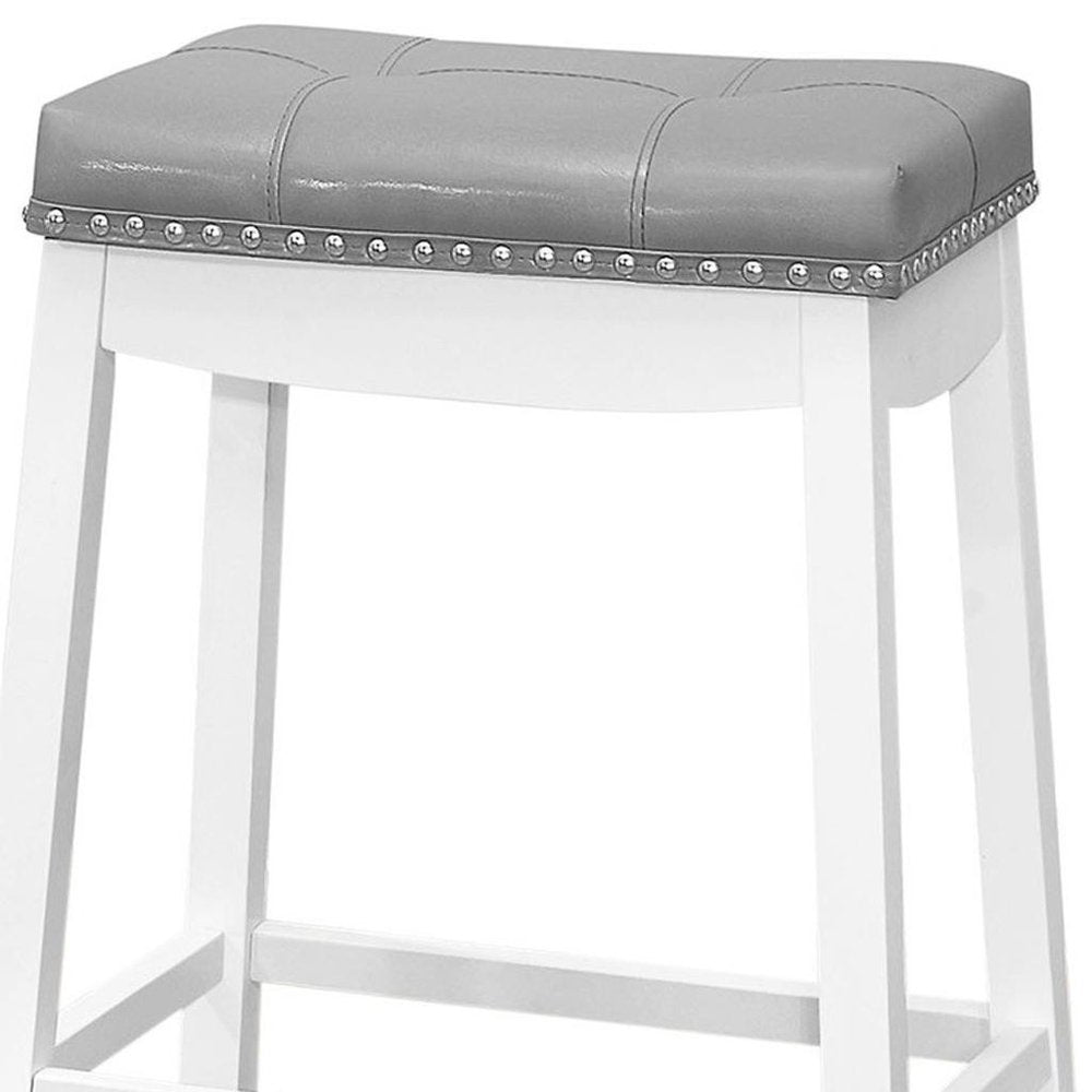 Set of Two 30" Gray and White Faux Leather and Solid Wood Backless Bar Height Bar Chairs