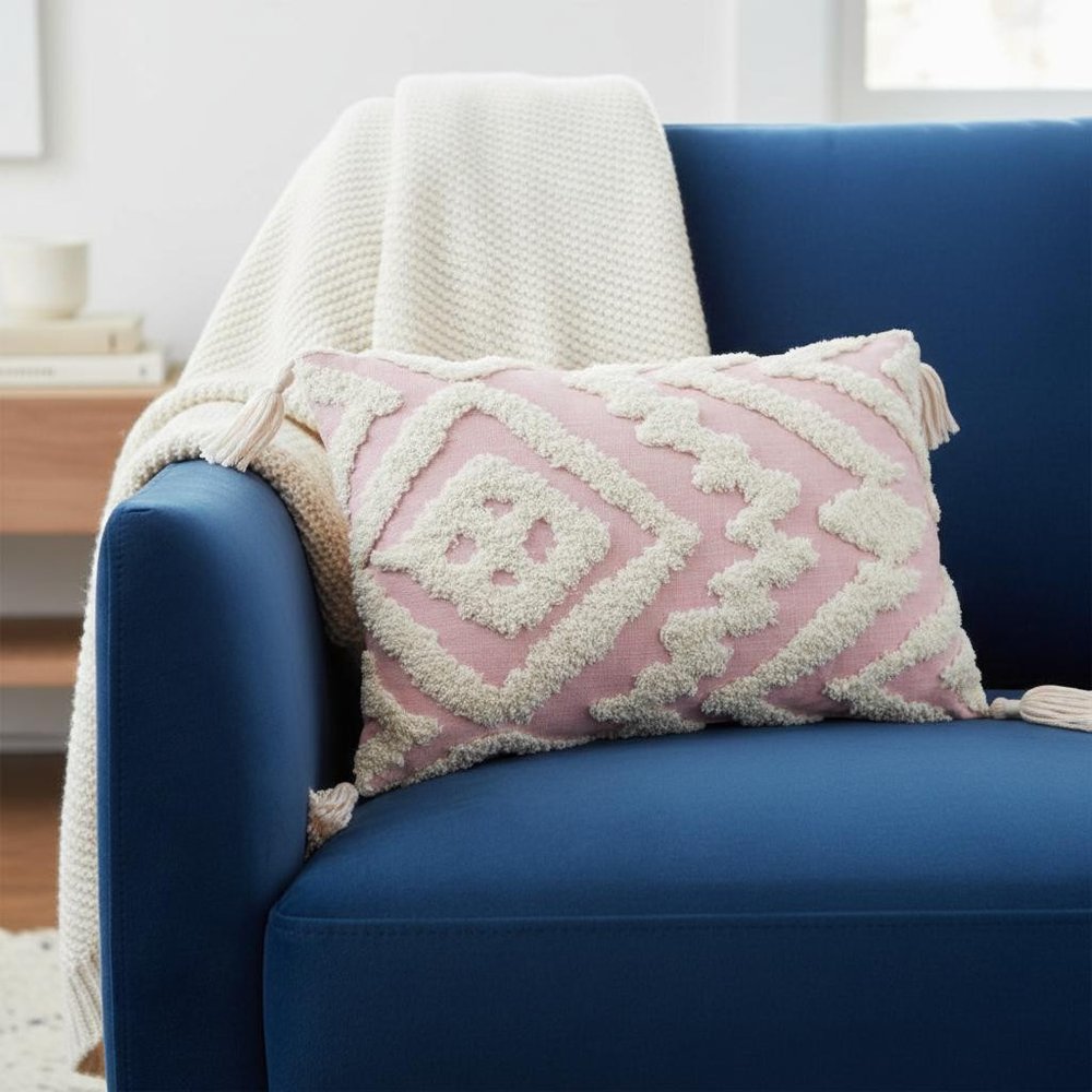 13" X 20" Pink and White Textural Abstract Throw Pillow with Tassels