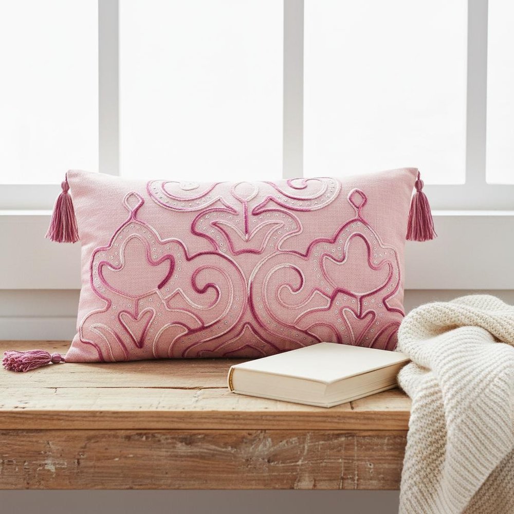 13" X 20" Pink Throw Pillow with Tassels