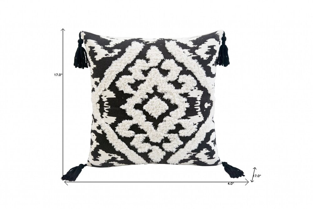 17" Black and White Throw Pillow with Tassels