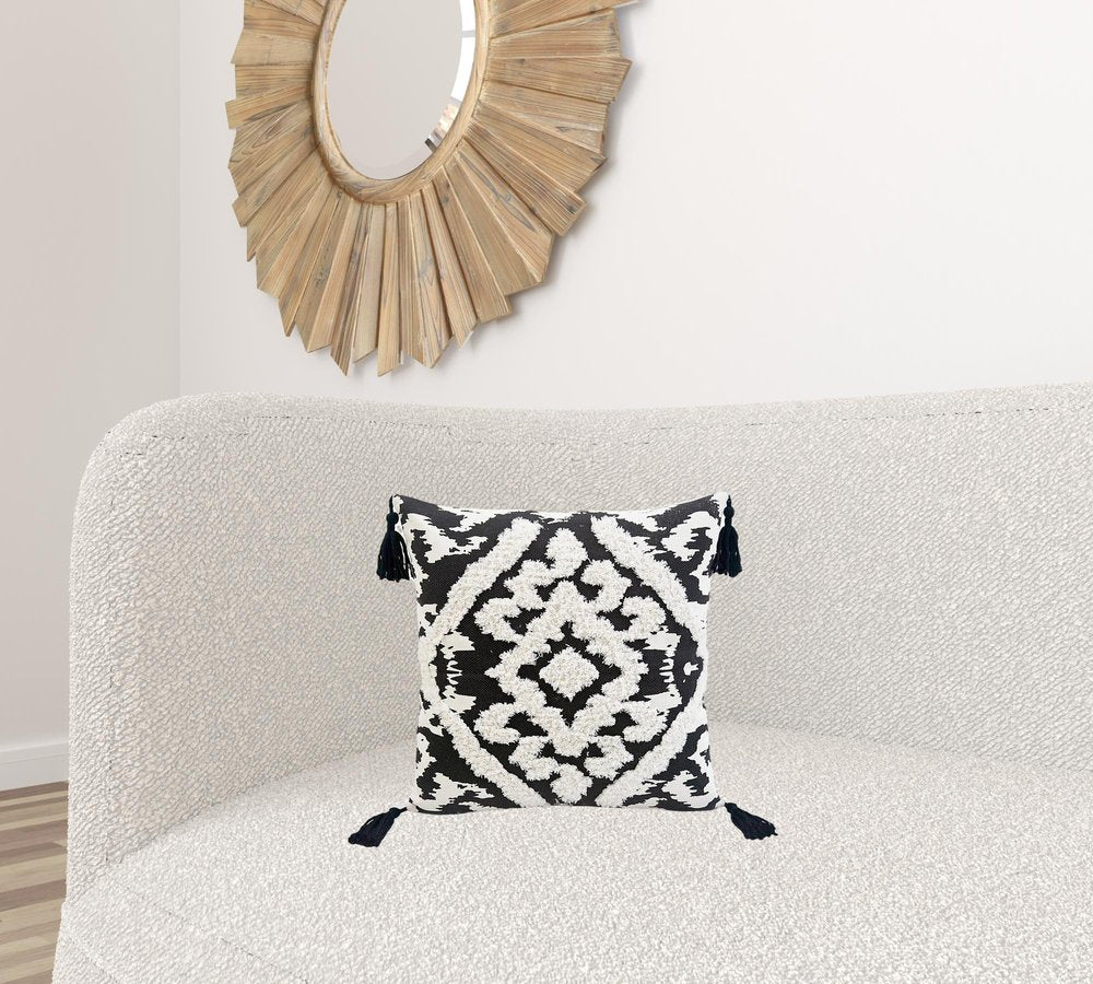 17" Black and White Throw Pillow with Tassels
