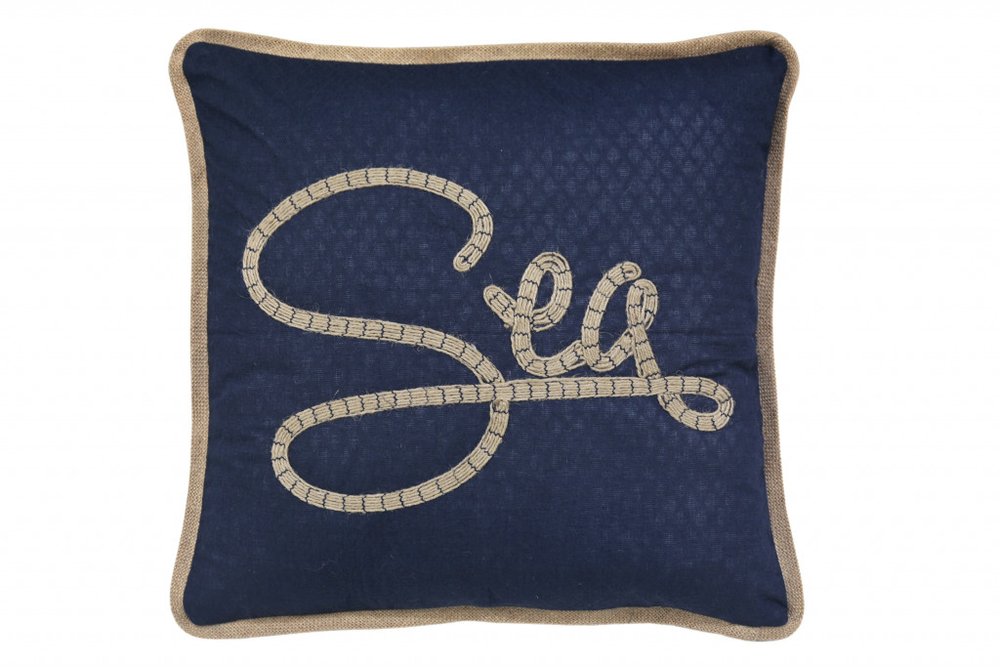 17" Navy Blue and Brown Sea Throw Pillow with Embroidery