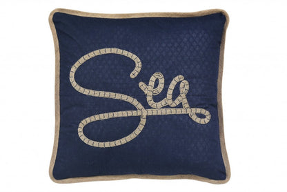 17" Navy Blue and Brown Sea Throw Pillow with Embroidery