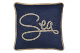 17" Navy Blue and Brown Sea Throw Pillow with Embroidery
