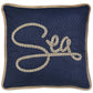 17" Navy Blue and Brown Sea Throw Pillow with Embroidery