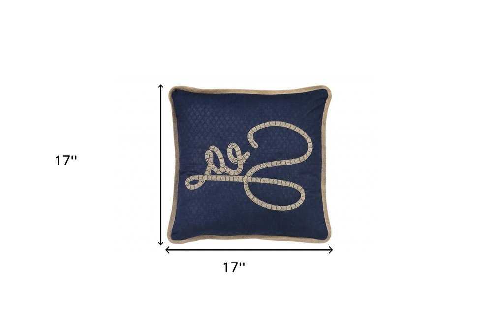 17" Navy Blue and Brown Sea Throw Pillow with Embroidery