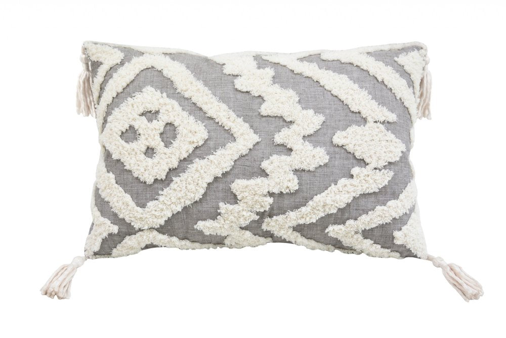 13" X 20" Gray and White Throw Pillow with Tassels