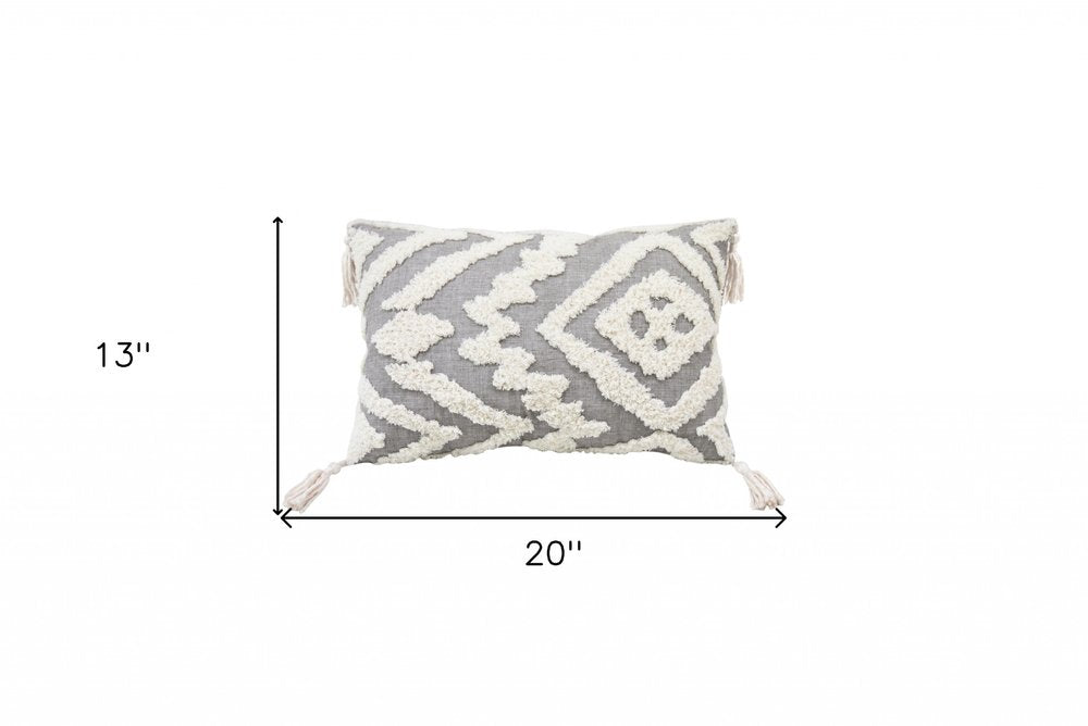 13" X 20" Gray and White Throw Pillow with Tassels