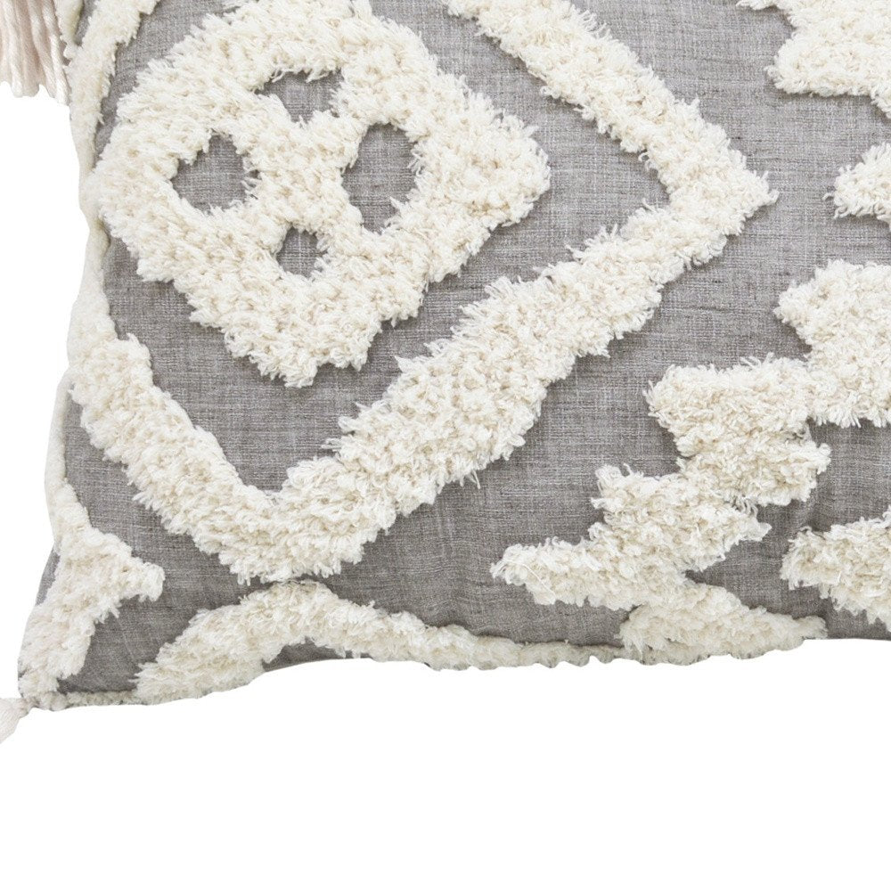 13" X 20" Gray and White Throw Pillow with Tassels