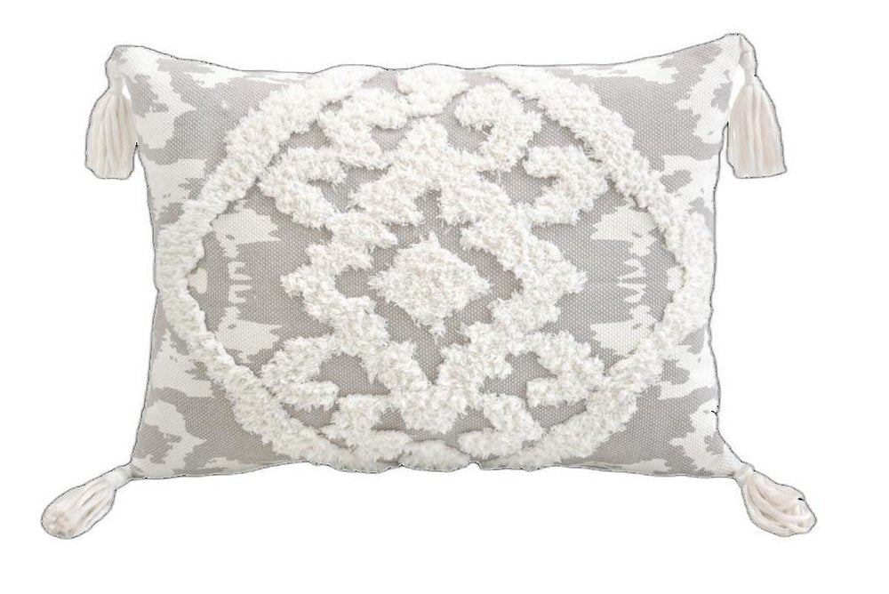 13" X 18" Gray and White Throw Pillow with Tassels
