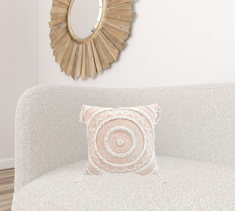 18" Peach and White Throw Pillow with Tassels