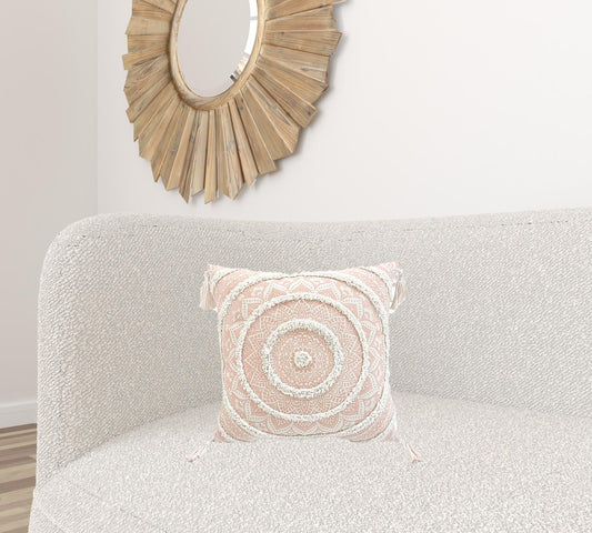 18" Peach and White Throw Pillow with Tassels