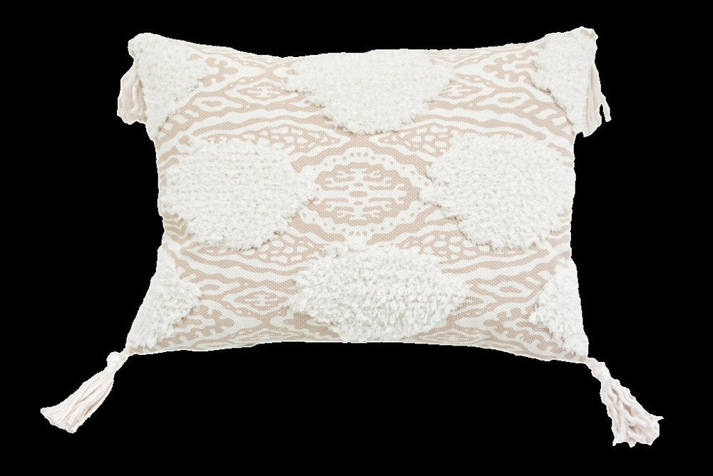 13" X 18" Beige and White Throw Pillow with Tassels