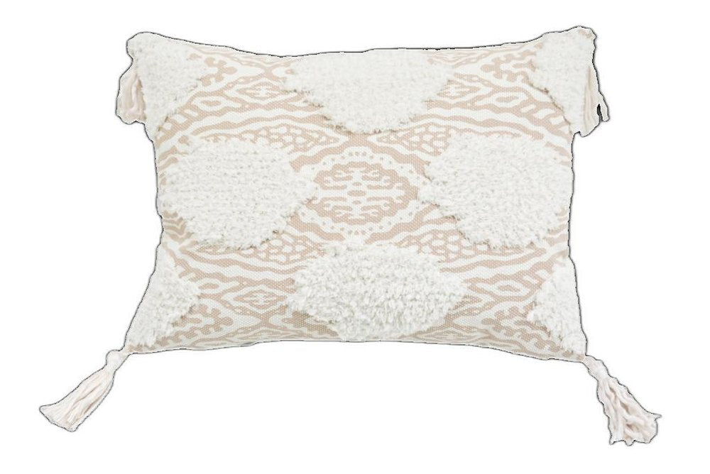 13" X 18" Beige and White Throw Pillow with Tassels