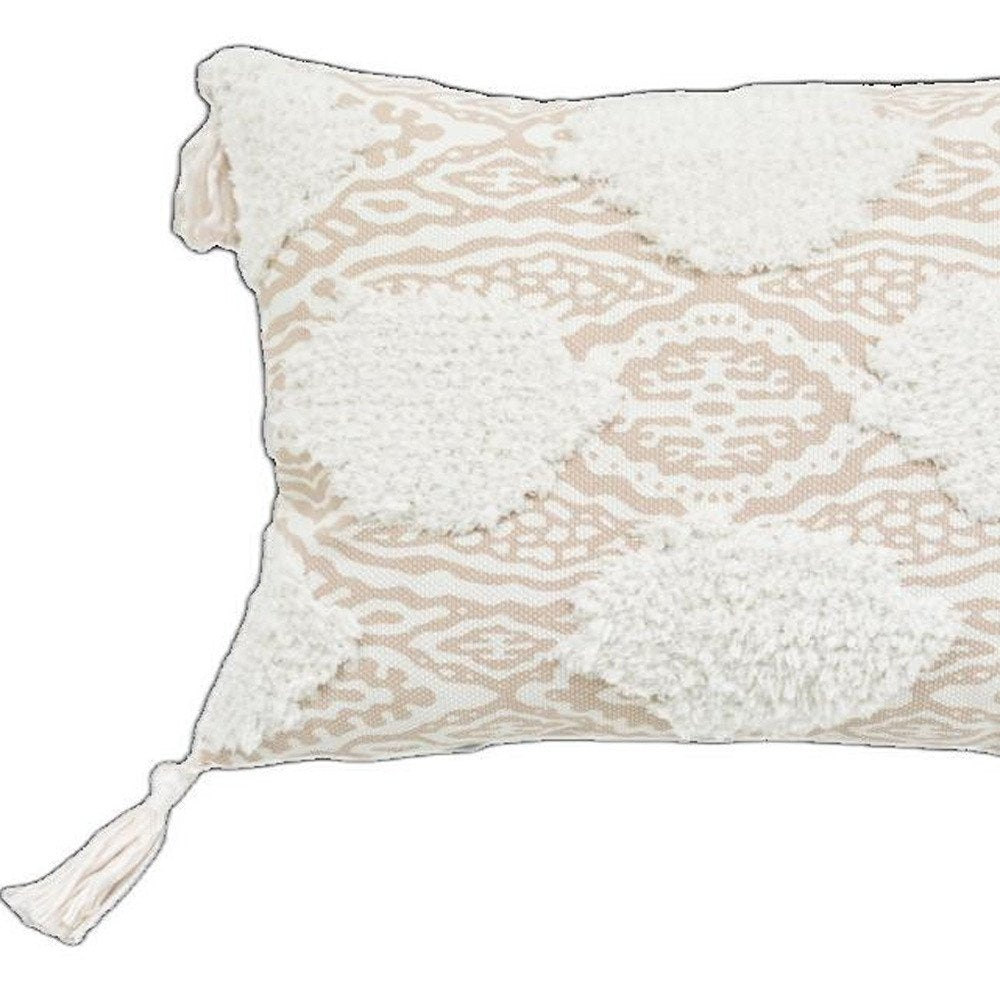 13" X 18" Beige and White Throw Pillow with Tassels