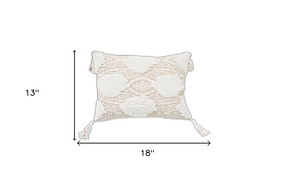13" X 18" Beige and White Throw Pillow with Tassels