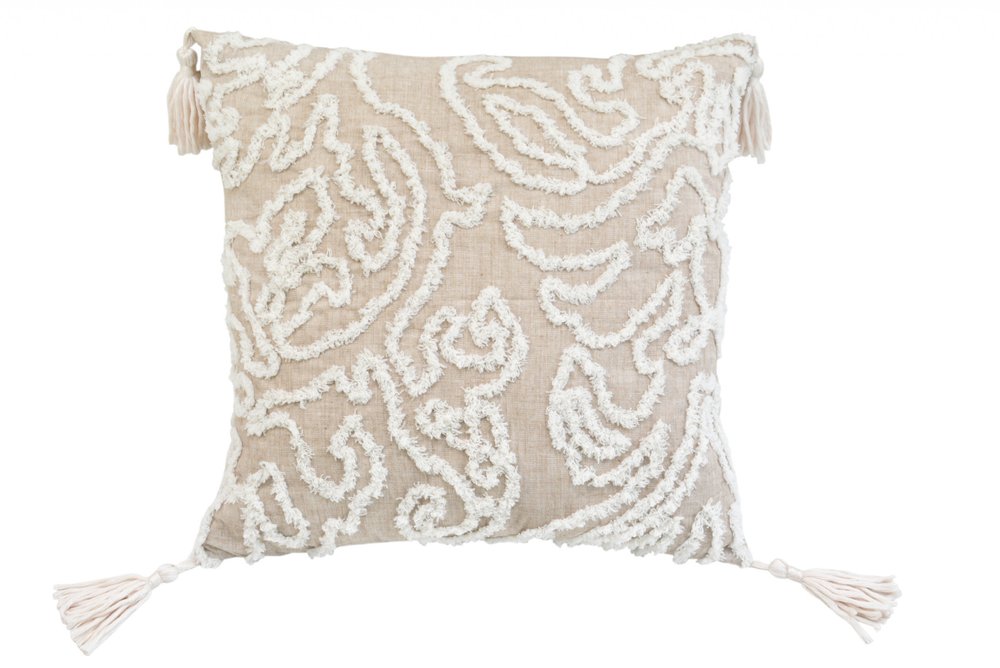 17" Beige and White Throw Pillow with Tassels