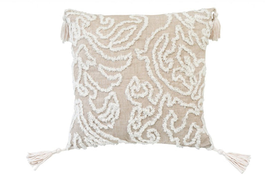 17" Beige and White Throw Pillow with Tassels