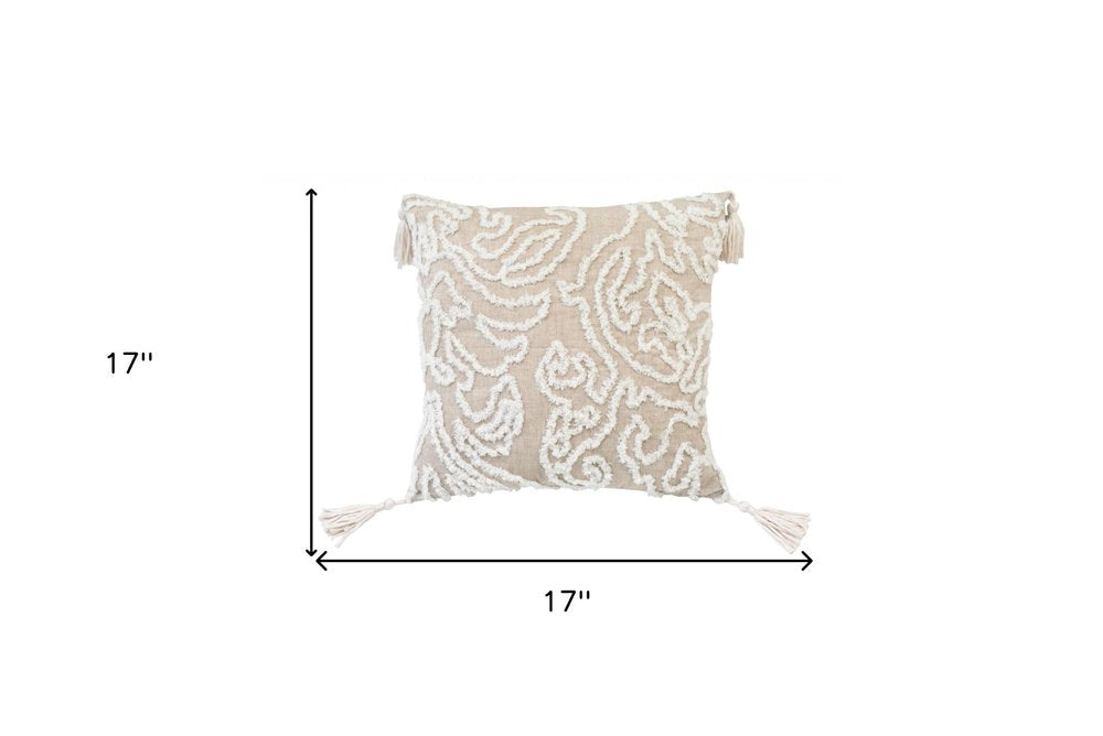 17" Beige and White Throw Pillow with Tassels