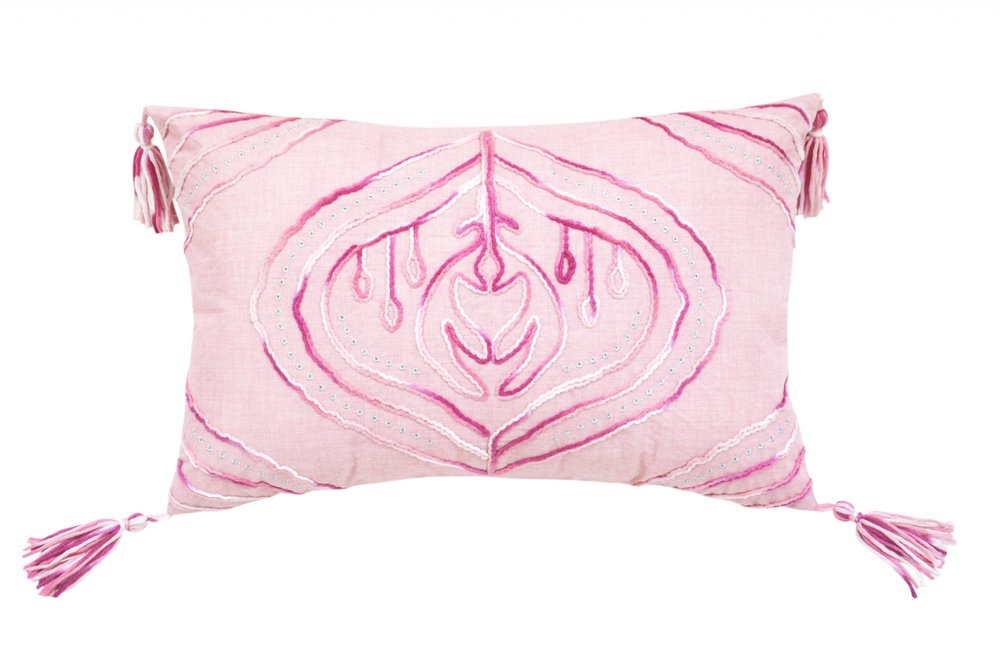 13" X 20" Pink and White Throw Pillow with Tassels