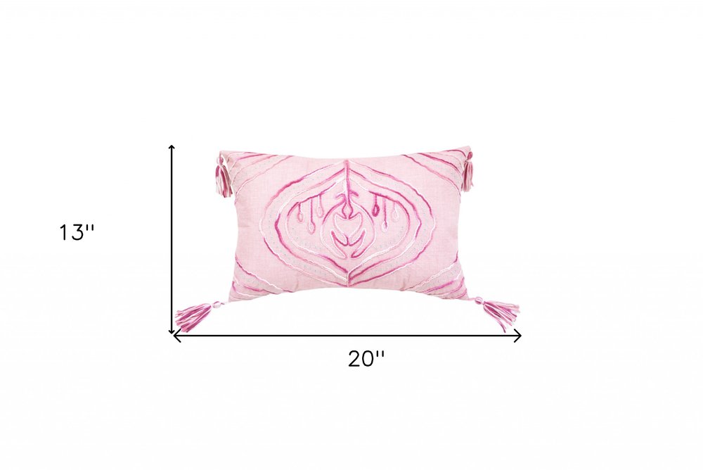 13" X 20" Pink and White Throw Pillow with Tassels