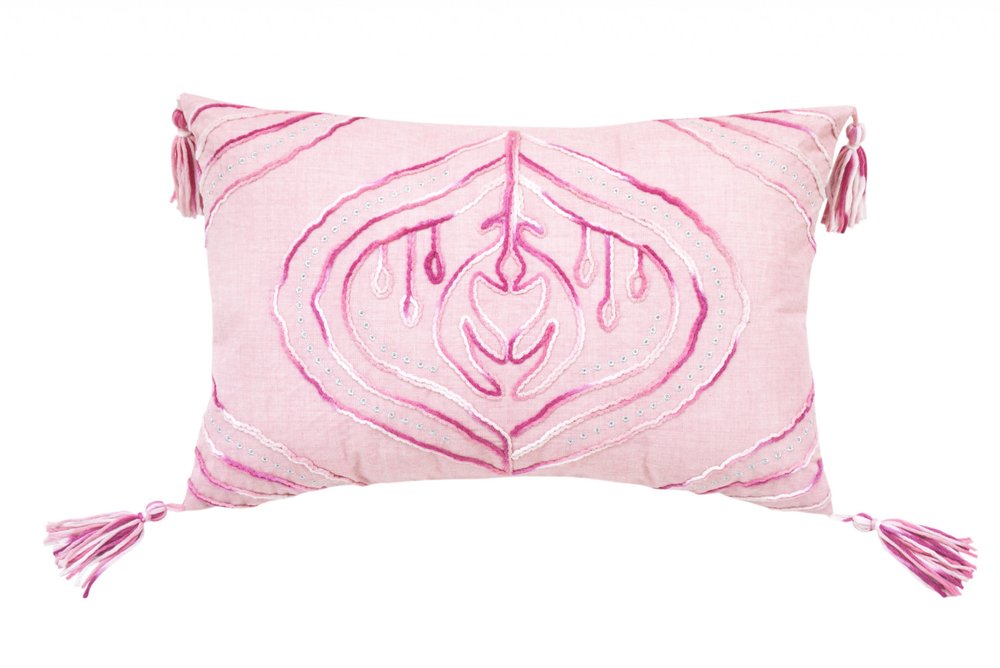 13" X 20" Pink and White Throw Pillow with Tassels