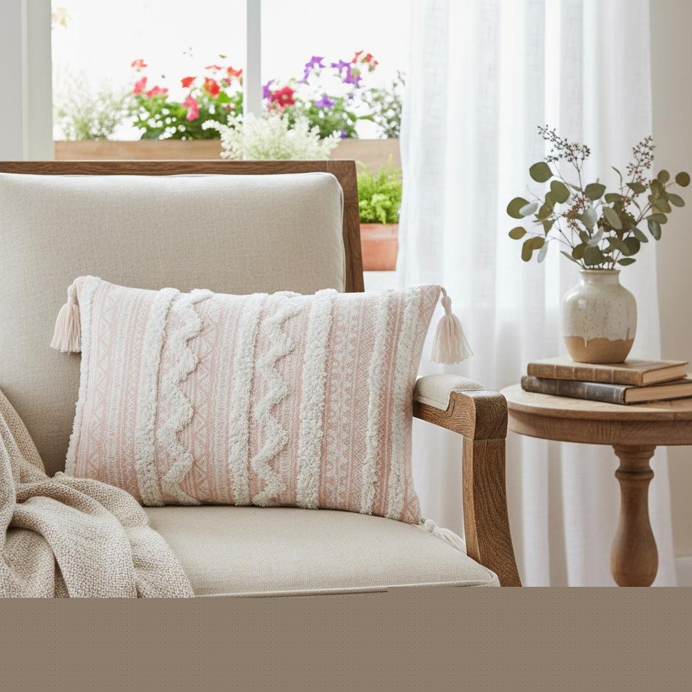 13" X 18" Beige Throw Pillow with Tassels