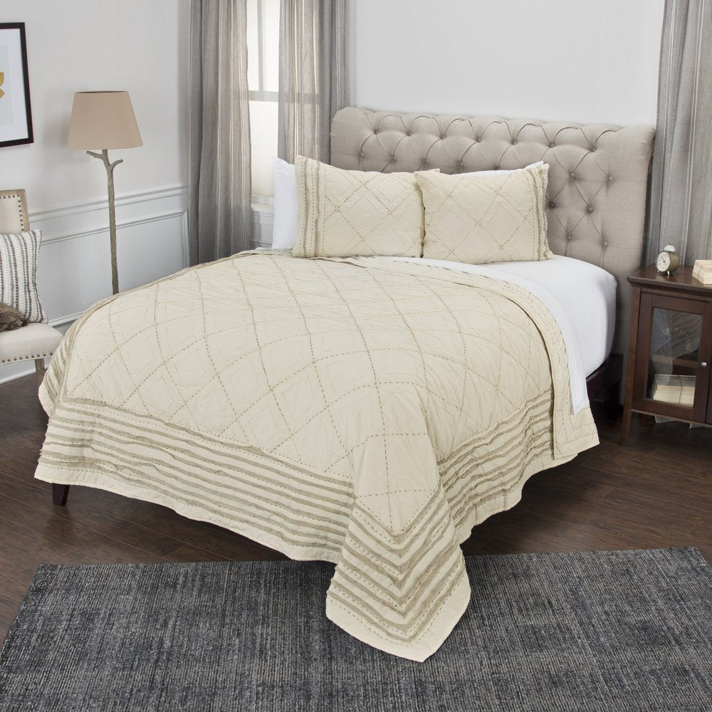 Ivory Geometric King Kantha Stitch Quilt With Shams