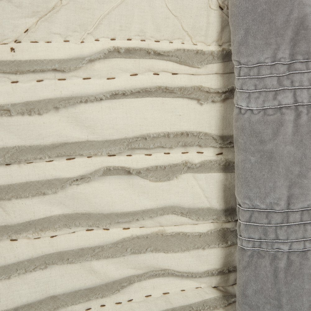 Ivory Geometric King Kantha Stitch Quilt With Shams