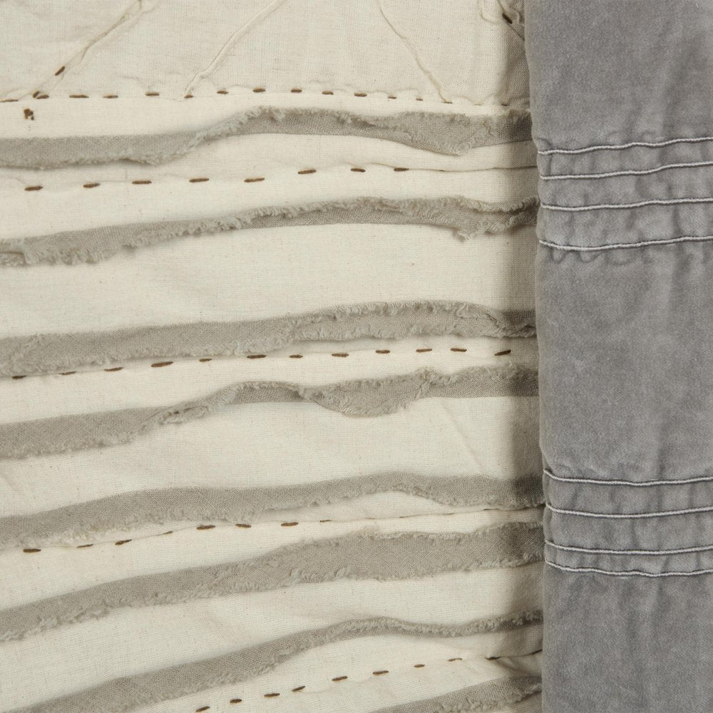 Ivory Geometric King Kantha Stitch Quilt With Shams