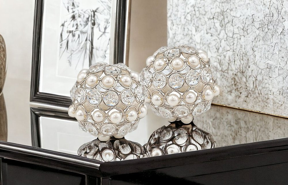 Set of Two Silver And Clear Faux Crystal And Metal Orb Decorative Tabletop Sculptures