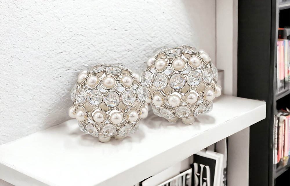 Set of Two Silver And Clear Faux Crystal And Metal Orb Decorative Tabletop Sculptures