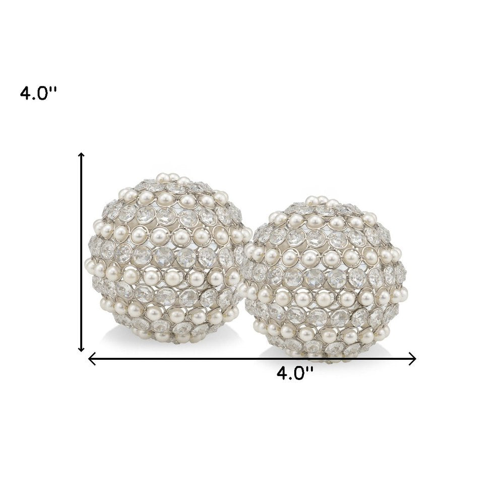 Set of Two Silver And Clear Faux Crystal And Metal Orb Decorative Tabletop Sculptures
