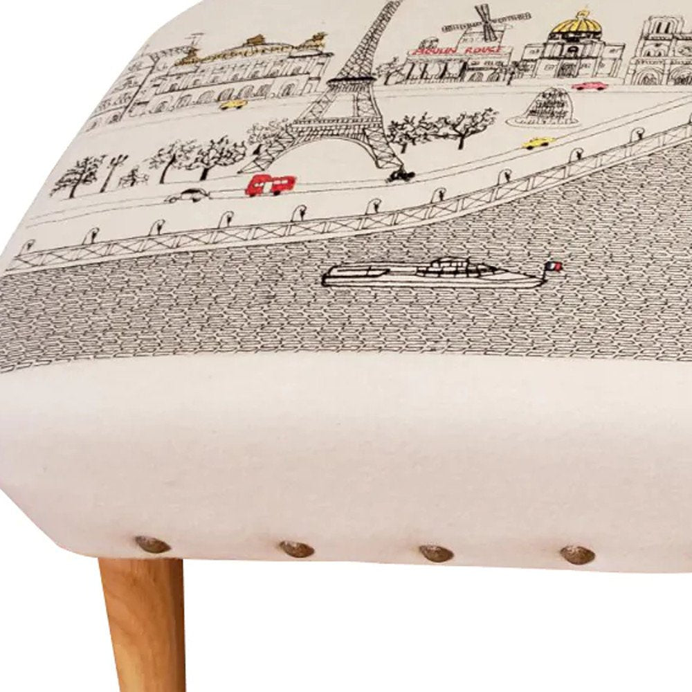 38" Cream Wool And Brown Ottoman