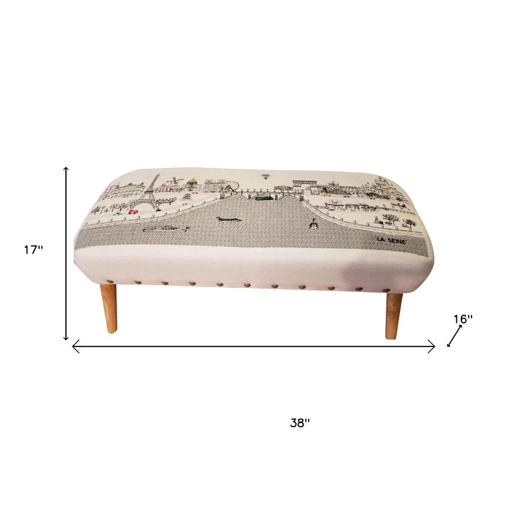 38" Cream Wool And Brown Ottoman