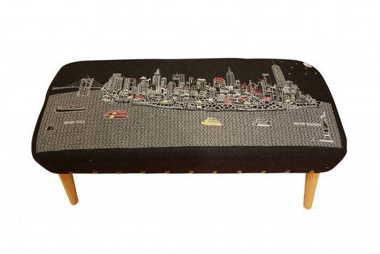 38" Gray Wool and Brown Ottoman