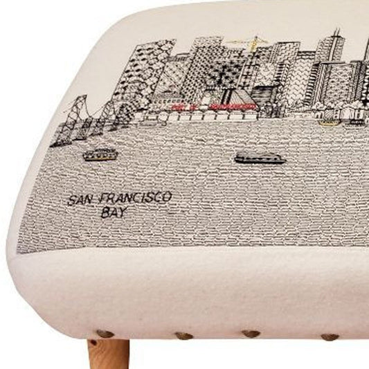 38" Cream Wool and Brown Ottoman
