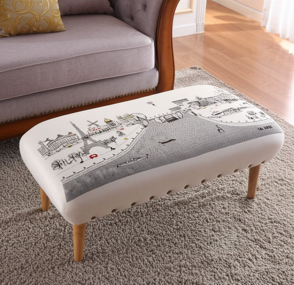 38" Cream Wool and Brown Ottoman