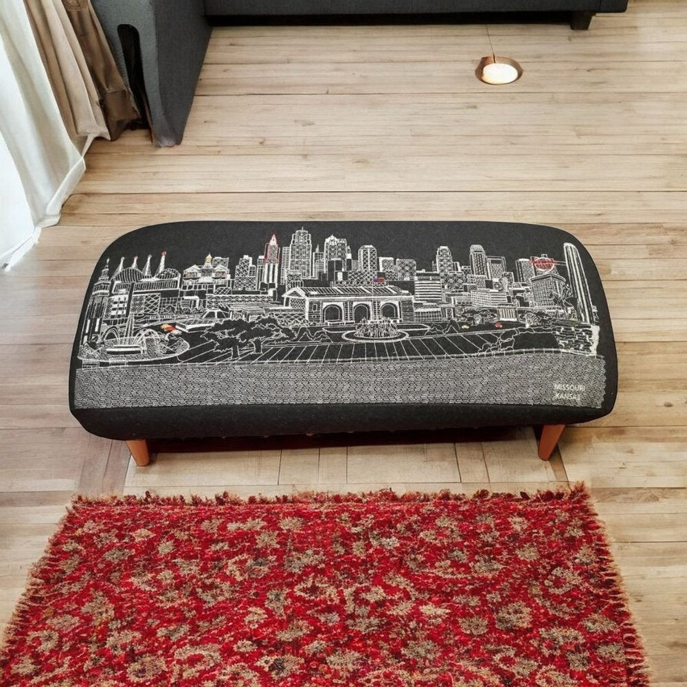 38" Black Wool and Brown Ottoman