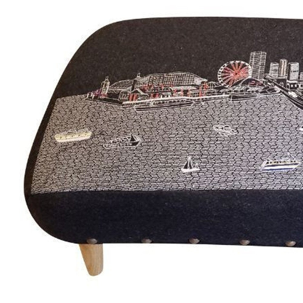 38" Gray Wool and Brown Ottoman