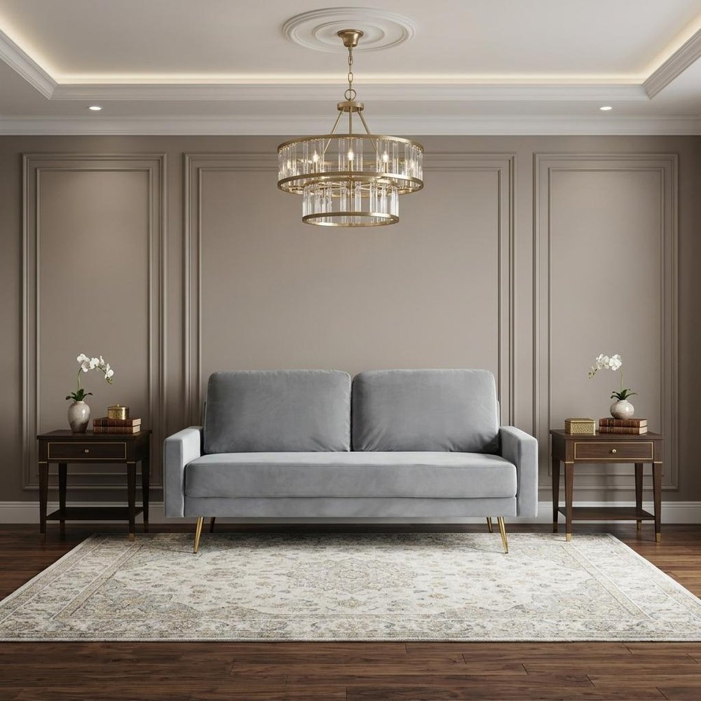 72" Gray Velvet Sofa With Brass Legs