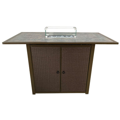 50000 BTU 60" Brown And Clear Glass And Steel Propane Rectangular Fire Pit Table With Cover