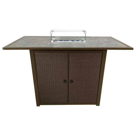 50000 BTU 60" Brown And Clear Glass And Steel Propane Rectangular Fire Pit Table With Cover