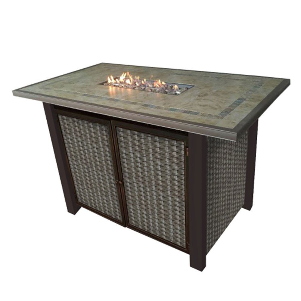 50000 BTU 60" Brown And Clear Glass And Steel Propane Rectangular Fire Pit Table With Cover