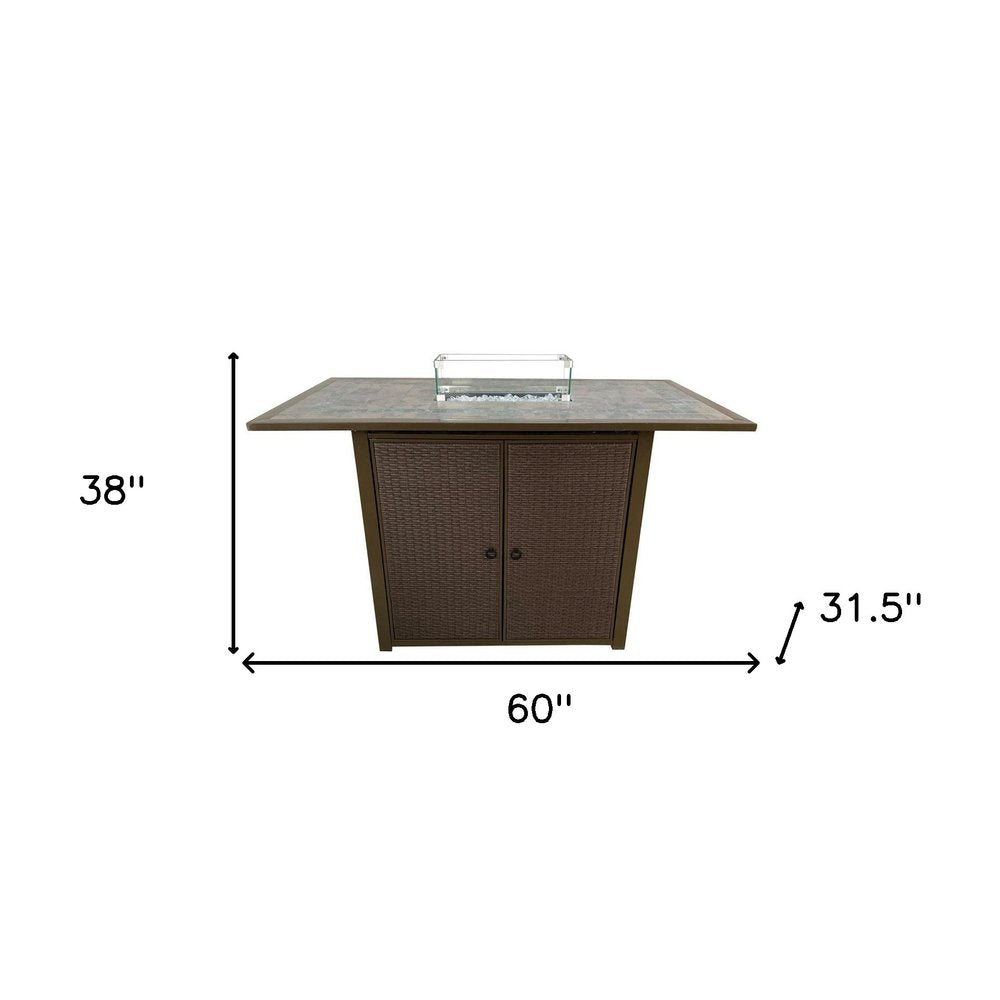 50000 BTU 60" Brown And Clear Glass And Steel Propane Rectangular Fire Pit Table With Cover