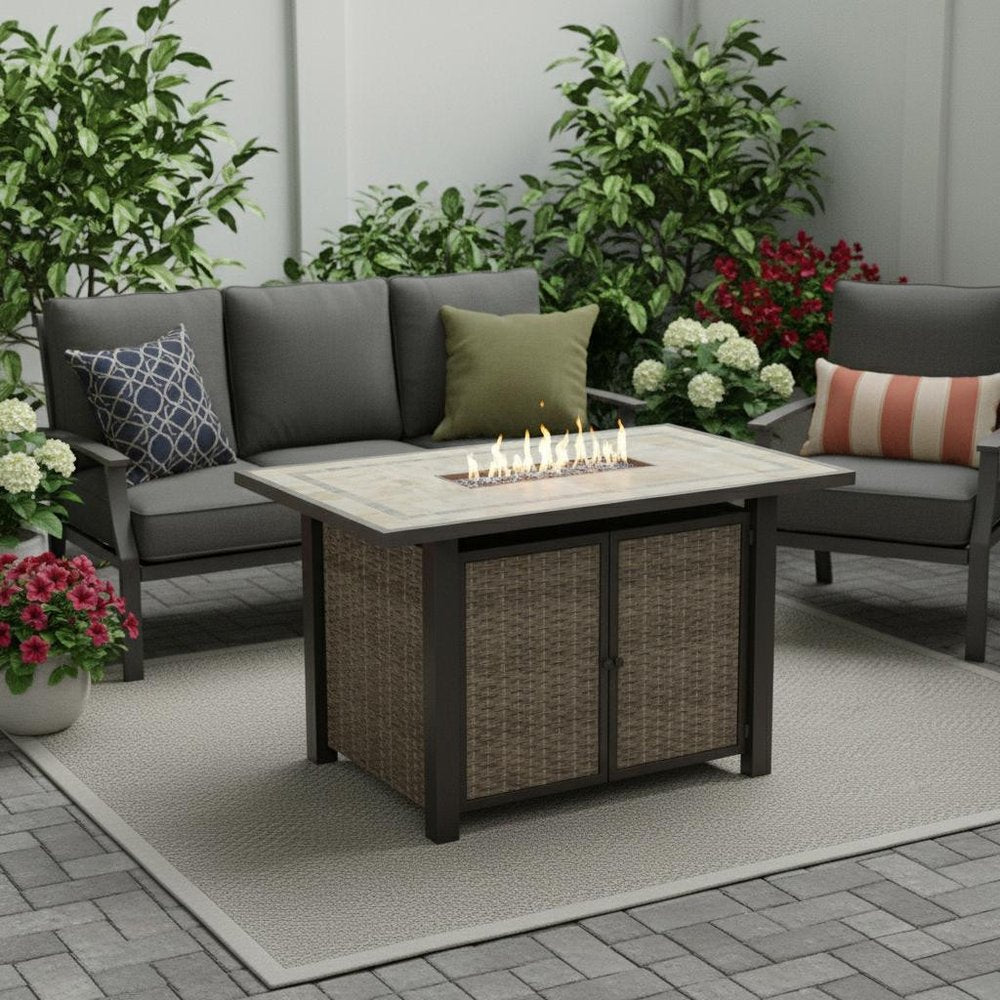 50000 BTU 60" Brown And Clear Glass And Steel Propane Rectangular Fire Pit Table With Cover